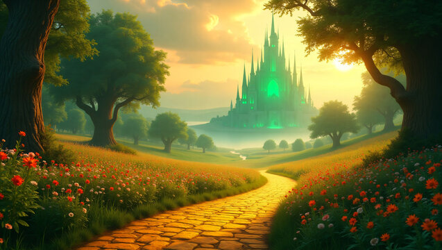 Enchanted yellow brick road leading to magical emerald city, Fantasy, Oz, Magicians