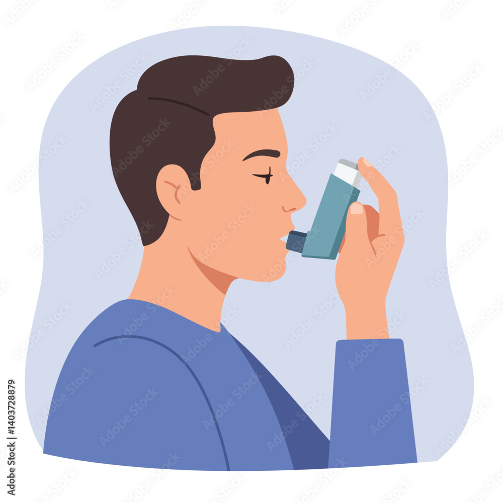 Poster man using inhaler in flat minimal design vector illustration