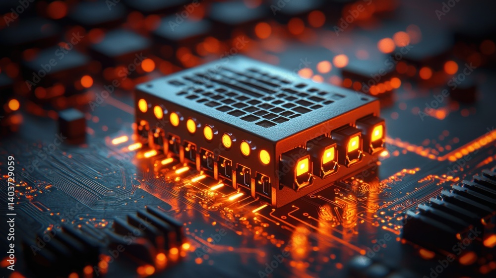 Poster illuminated microchip on circuit board: a close-up of advanced technology