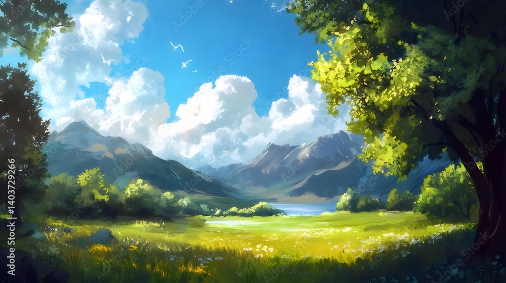 Poster 晴れた日の山と湖と緑豊かな草地の風景画 鮮やかな緑と青のコントラスト 自然の美しさ