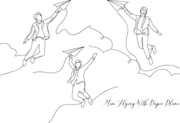 Businessman Flying With Holding Paper Plane Continuous One Line Art Drawing Minimalist Icon Concept Editable Stroke Style