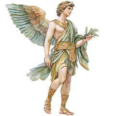 Greek God Hermes With His Winged Sandals, watercolor vector, isolated on a white background.