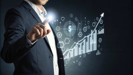 A businessman engaging with a digital interface displaying financial icons like graphs, currency symbols, and charts. businessman touching virtual screen