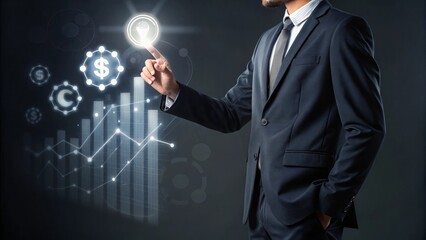 A businessman engaging with a digital interface displaying financial icons like graphs, currency symbols, and charts. businessman touching virtual screen