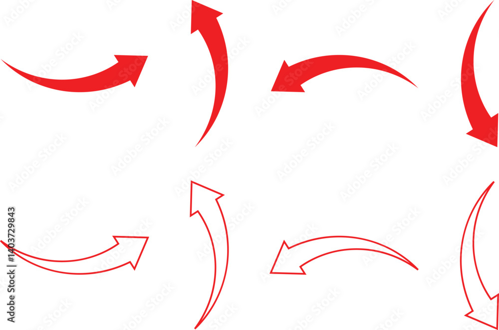 Poster set of red curve arrow direction symbol. outline red arrow direction symbol vector illustration.