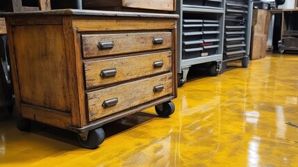 Vintage wooden drawer chest on wheels in a workshop with yellow polished concrete floor.