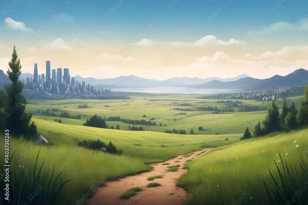 Poster 緑の丘陵地帯に広がる牧草地と小道 遠景に都市と山並み 青空の下の穏やかな風景