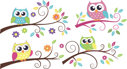 Obraz premium Cute Cartoon Owls on Tree Branches – Colorful Vector Illustration Set