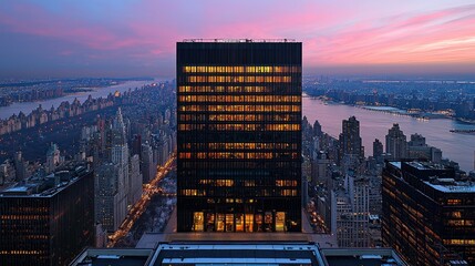 Illuminated Skyscraper at Dusk, Panoramic City View