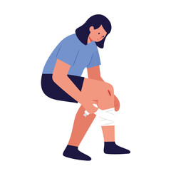 Woman applying bandage to knee injury in flat vector art style illustration