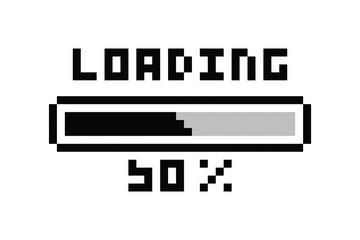 Loading pixel icon, load bar 50 percent. 50% downloading, loading or installing bar at 50%.