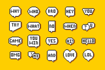 Set of pixel speech bubbles with phrases. Pixel speech bubbles. Chat speech or dialogue. 8 bit texting dialogue bubble.
