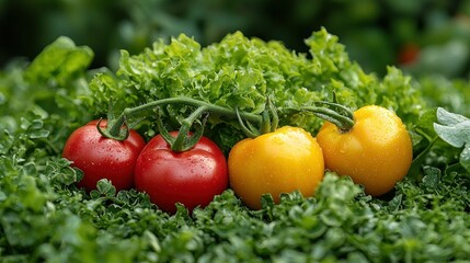 Vibrant Garden Bounty:  Juicy Red and Golden Tomatoes Nestled in Lush Greens
