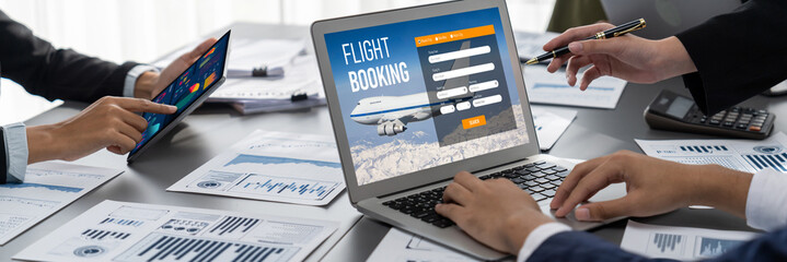 Online flight booking website provide brisk reservation system . Travel technology concept .