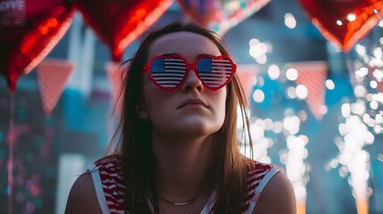 Celebrating with patriotic flair. A girl wears heart-shaped flag glasses with balloons and sparklers creating festive joy.