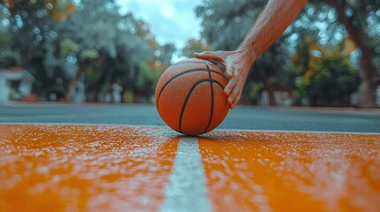 Basketball on a Wet Court: A Close-Up Shot of a Basketball