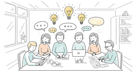 Sketch of a team brainstorming in an office with lightbulbs, graphs, and speech bubbles