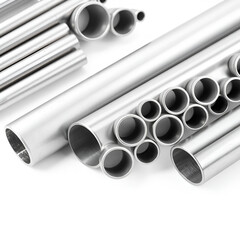 Different round metal pipes on white background