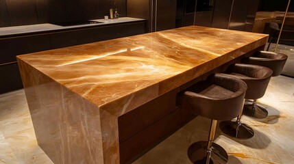 Luxurious amber-toned kitchen island with bar stools