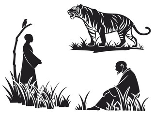 Majestic tiger body with a meditative monk's face, in a graceful silhouette style