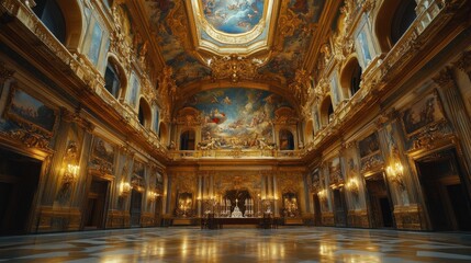 Opulent, ornately decorated palace hall with grand chandeliers and intricate paintings.