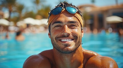 Summer Poolside Joy: A Man's Radiant Smile Reflects the Sunny Day