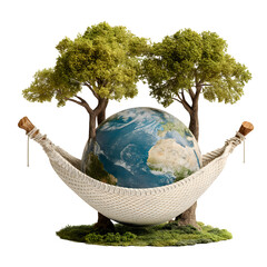 World Environment Day, Planet Earth in a hammock between two trees, relaxed lifestyle theme, isolated on white background