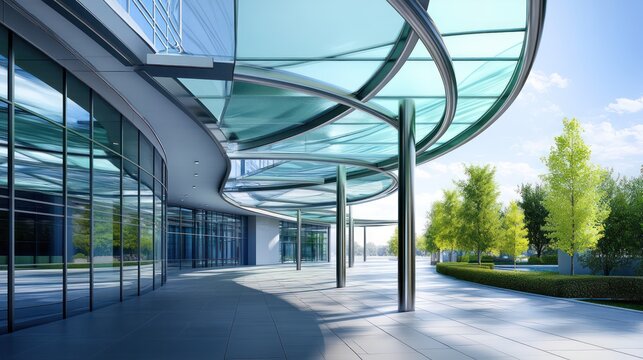 A modern business center with a curved glass canopy-covered walkway supported by brushed steel beams creating an open structured design