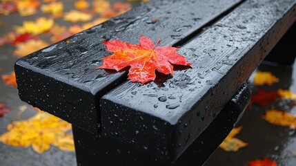 Solitary Maple Leaf on a Rain-Soaked Bench