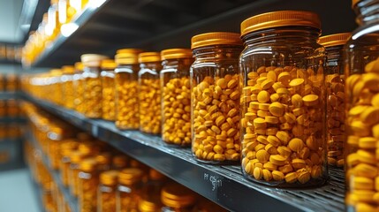Rows of Amber Jars Filled with Yellow Tablets in a Pharmacy Warehouse