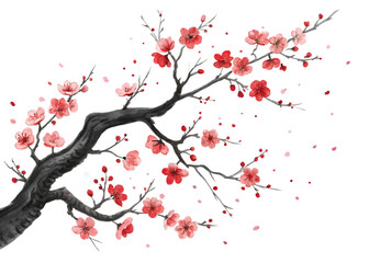 Fototapeta premium Vibrant Twisted Branch with Pink & Red Flowers Transparent PNG – Isolated on White Background for Creative Design
