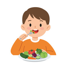 Happy child enjoying a healthy meal with vegetables in a flat vector illustration