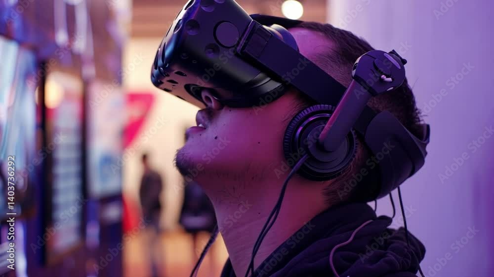 Poster in a bustling technology exhibition, an individual engages with virtual reality gear, immersing them