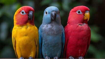 Three colorful parrots are standing next to each other