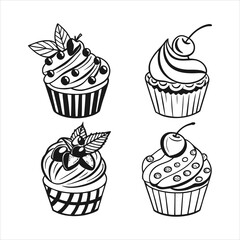 Cute Cupcake Icon Set – Black & White Dessert Illustrations