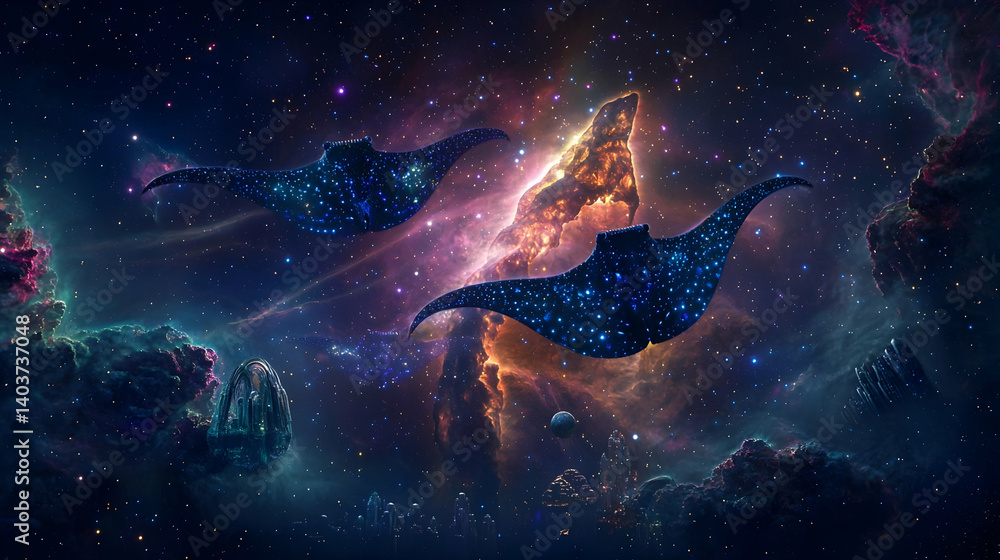 Poster two luminous celestial ray creatures floating through a vibrant nebula in a dark cosmic space with s