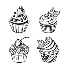 Cute Cupcake Icon Set – Black & White Dessert Illustrations