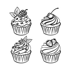 Cute Cupcake Icon Set – Black & White Dessert Illustrations