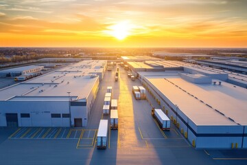 A modern distribution park captured in golden hour with expansive warehouse rooftops well-maintained cargo lanes precision-marked truck loading zones