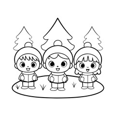 Fototapeta premium Caroling Kids with Christmas Tree and Grass