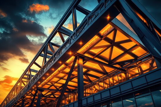 A modern fulfillment center with bold angular architecture towering steel beams warm industrial that highlights the structures intricate design photographed