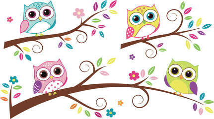 Cute Cartoon Owls on Tree Branches – Colorful Vector Illustration Set