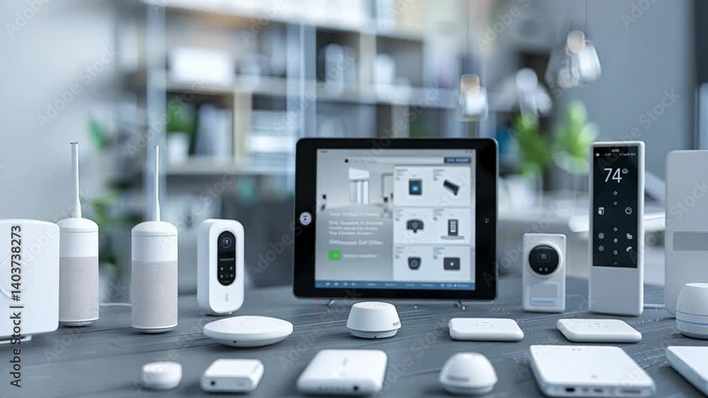 Poster A variety of smart home devices is arranged on a table with a tablet showing room controls, illustrating modern home automation and connectivity features.