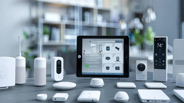 A variety of smart home devices is arranged on a table with a tablet showing room controls, illustrating modern home automation and connectivity features.