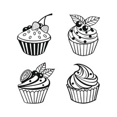 Cute Cupcake Icon Set – Black & White Dessert Illustrations