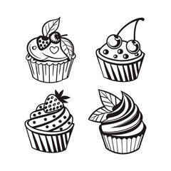 Cute Cupcake Icon Set – Black & White Dessert Illustrations