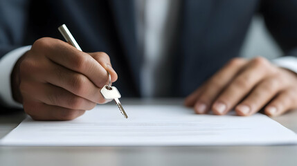 Businessman Signing Real Estate Contract With Key Close Up On White Paper During Business Deal