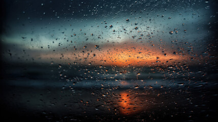 Ocean horizon at twilight, seen behind a scratched and dripping old glass surface, deep navy and burnt orange hues