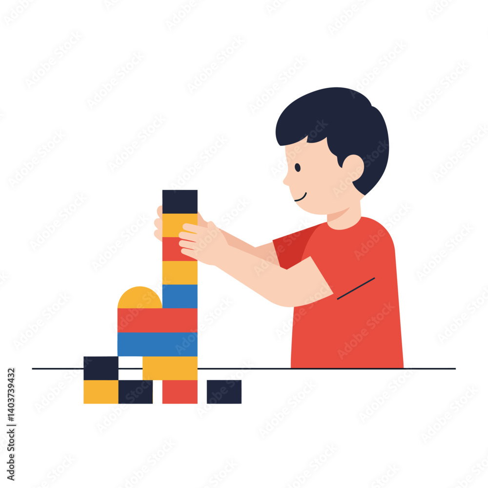 Poster child building colorful blocks in flat design vector art