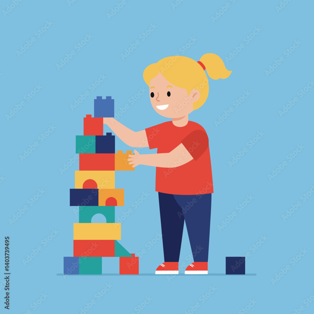Poster child building colorful tower with blocks in flat design vector art